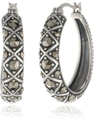 Sterling Silver Oxidized Marcasite Lattice Hoop Earrings (1.08" Diameter)