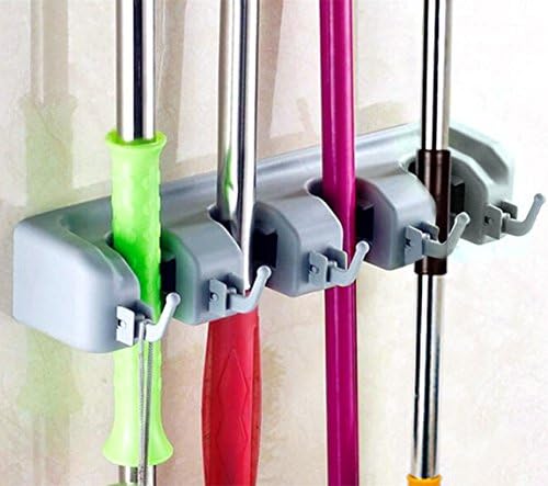 Phixneon Non Slide Broom and Mop Holder, 4 Position with 5 Hooks Garage Storage Systems Rack Organizer, wall Mounted Garden Tool Storage, Sports Equipment Holder (4-Position)