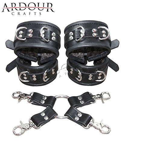 Ardour Crafts CC-3003 Wrist & Ankle Cuffs Genuine Real Leather Bondage Set Restraint Fur Lining Hogtie
