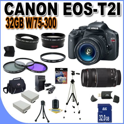 Canon EOS Rebel T2i 18 MP CMOS APS-C Digital SLR Camera with 3.0-Inch LCD and EF-S 18-55mm f/3.5-5.6 IS Lens & Canon 75-300 Lens + 58mm 2x Teleconverter lens + 58mm Wide Angle Lens (4 Lens Kit!!!!!!) W/32GB SDHC Memory+ 2 Extra Batteries + Charger + 3 Piece Filter Kit + UV Filter + Full Size Tripod + Case +Accessory Kit