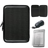 Black Carbon Fiber Durable Slim Protective Eva Storage Cover Cube Carrying Case with Mesh Pocket for For Amazon Kindle Touch ( Wi-Fi 6 E Ink Display ) + Retractable Travel / Home Charger
