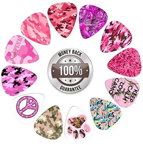 Pink Camo Guitar Picks 12-Pack Set - Cute, Girly and Fun Guitar Picks for Girls- Size Medium Celluloid 12-pack, Collection Includes Exclusive Pink Camo Patterns.