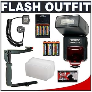 Phoenix DZBIS-112iTTL Digital Autofocus Flash (E-TTL II, E-TTL, TTL) + 8 Batteries & Charger + Sto-Fen Omni-Bounce Diffuser + Precision Design E-TTL Flash Cord + Stroboframe 350 Flash Bracket for Canon EOS Rebel XT, XTi, XS, XSi, T1i, 50D, 40D, 5D SLR Digital Cameras