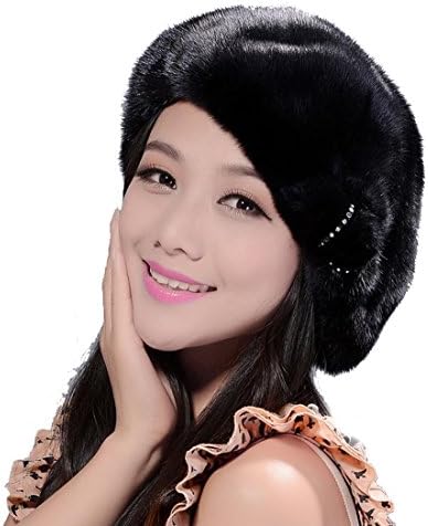 Women's Mink Full Fur Beret Hats (One Size, Black With Flower)