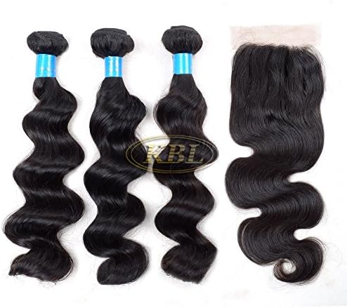 KBL® 7A Brazilian Virgin Hair Loose Wave 3 Bundles with Top Lace Closure Three Way Part 4*4 150% Density Remy Human Hair Extensions Natural Black #1B (16"18"20" hair weft+10" lace closure)
