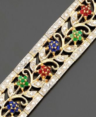Childrens Toyshop  Jewelry : 18k Gold Over Sterling Silver Sapphire, Ruby & Emerald Floral Bracelet