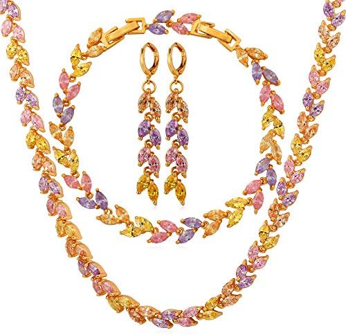 U7 Wedding Band 18K Gold Colorful Cubic Zirconia Tennis Bracelet Necklace &amp; Drop Earrings Set