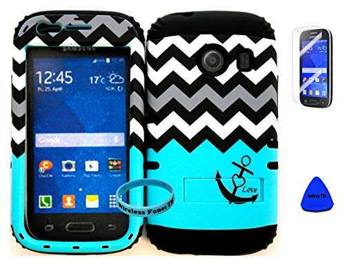 Wireless Fones TM Hybrid Impact Dual Layer Cover Case for Samsung Galaxy Ace Style S765c Straight Talk, Net10 and TracFone Blue Block Anchor Love Chevron on Black Skin (Wireless Fones TM Wrist Band, Pry Tool & Screen Protector Included)