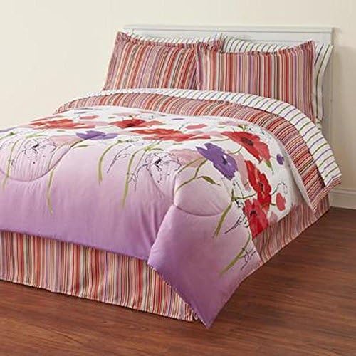 Violet Red Purple and Green Poppy Floral Striped Teen Girls KING Bedding Set (8pc Bed in a Bag)
