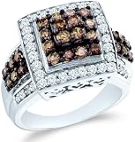 10k White Gold Chocolate Brown and White Diamond Princess Shape Center Round Cut Ladies Diamond Engagement or Anniversary Ring Band (1.50 cttw)