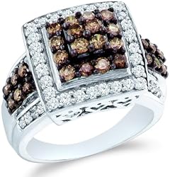 Size - 4 - 10k White Gold Chocolate Brown and White Diamond Princess Shape Center Round Cut Ladies Diamond Engagement or Anniversary Ring Band (1.50 cttw, H Color, I1 Clarity)