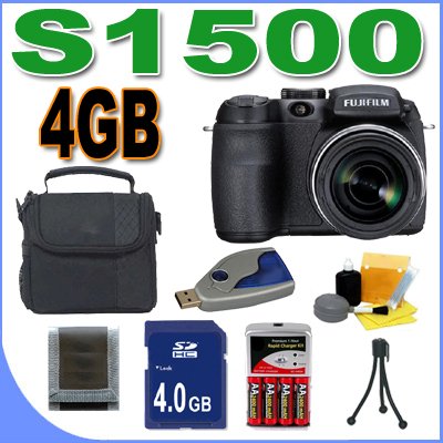Fujifilm FinePix S1500 10MP Digital Camera w 12x Wide Angle Dual Image Stabilized Optical Zoom BigVALUEInc Accessory Saver 4GB NiMH Battery Rapid Charger Bundle
