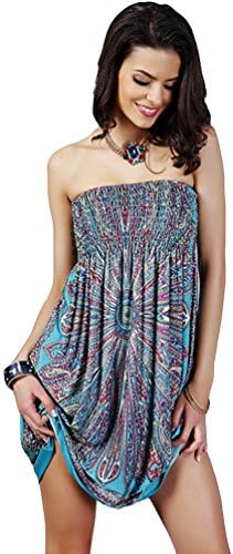 Bamovo Womens Tropical Tribal Print High Waist A Line Tube Dress Beachwear L,blue-green,Large