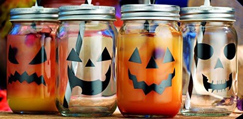 Halloween Set of 4 Clear Glass Mason Jar Beverage Cups - 15-oz 4 Clear Glass Drink Cups with Metal Lids and Straws