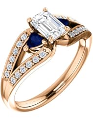 18K Rose Gold Emerald Cut Diamond and Sapphire Ring -- LIFETIME WARRANTY