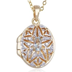 18k Yellow Gold Overlay Sterling Silver Blue Topaz & Diamond Oval Locket, 18"