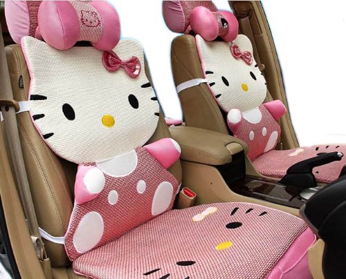 12pcs Kit Genuine Kitty Car Ice Silk Steering Wheel Front Seat Cover Cushion EMS Shipping ZJ000211