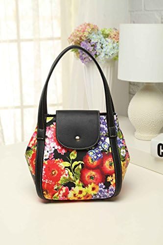 Yuanse® Fashion Printing Bag Lady's Double Root Handbag, Wear High-grade Printing Polyester Pu Leather --Y027 (Black Red Flowers)