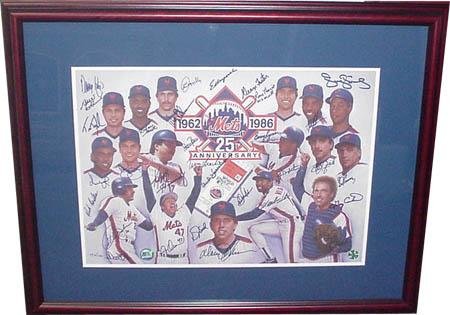 Autographed 1986 New York Mets World Series Champion Team Color Framed Litho - Framed MLB Photos, Plaques, and Collages