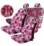 11pc Pink Hawaiian Hibiscus Seat Covers Combo Front Low Back Seat Covers with Head Rest Covers Bench Rear Cover Steering Wheel Cover and a Set of Shoulder Pads