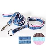 "Fab Denim" Soft Leather Padded Slip-on Dog Collar & Leash Set - Medium, Pink