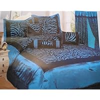 King Size 8pcs Navy Blue Black Satin Zebra Flocking Comforter Set /4 Pillows