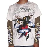 ED HARDY by faith Audigier Mens True Til Death Tattoo Long Sleeve Tee T-Shirt Beige