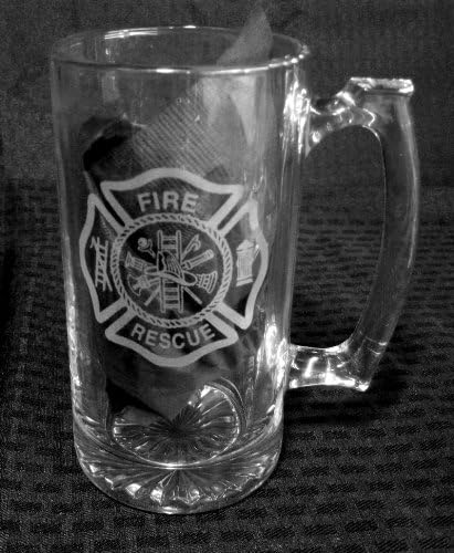 25 OZ Etched Glass Sport Stein Fire Fighter Maltese Cross