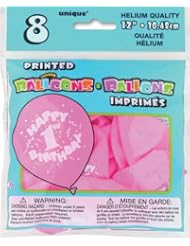 Art and Craft Supply: Printed Balloons 12" 8/Pkg-Happy 1st Birthday-Pink - Notions - In Network