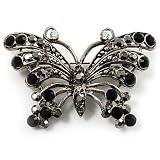 'Night Beauty' Jet Black Crystal Butterfly Brooch (Black Tone)