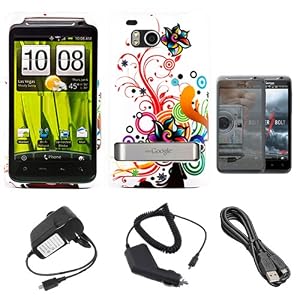 Autumn Flower Design Rubberized 2 Piece Protective Durable Hard Crystal Case Cover for Verizon Wireless HTC Thunderbolt 4G HD ADR6400 + Mirror Screen Protector + Black Rapid Travel Wall Charger with IC Chip + Black Rapid Car Charger with IC Chip + Micro USB Data Cable Cord
