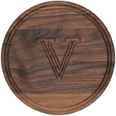 BigWood Boards W100-V Cutting Board, Monogrammed Cutting Board, Small Round Cheese Board, Walnut Wood Serving Tray,"V"