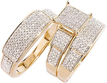 10k Yellow Gold, Square Head Diamond Trio Wedding Ring Set(1.05 ctw, G-H, SI1)