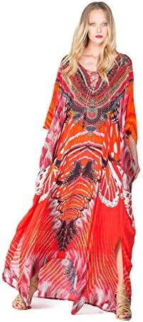 Shahida Maxi Kaftan Dress in Red Butterfly Print Tropical