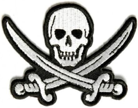 Embroidered Iron On Patch - White Pirate Sword Skull Skull 3" Patch