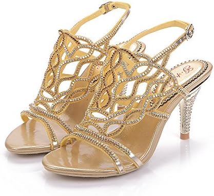 Geminigirl Women's Rhinestone Sandals with Stiletto Heels Wedding Party Dress Shoes Gold 9 M US