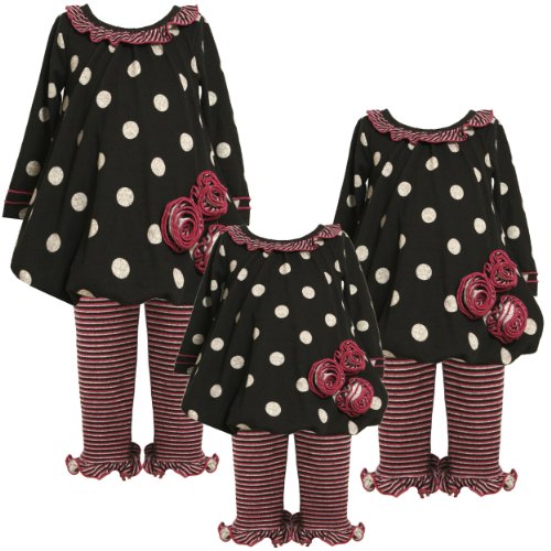 Bonnie Jean Baby/NEWBORN 3M-9M 2-Piece BLACK GRAY DOTS and STRIPES TRIPLE ROSETTE FUZZY KNIT BUBBLE HEM Dress/Legging Outfit Set