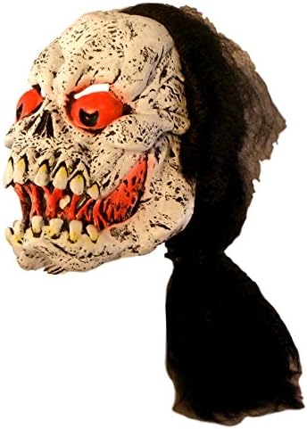 Halloween Mask - White Skull with Red Eyes and Long Black Hair