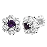 Sterling Silver Round Amethyst and White Topaz Gemstone Flower Cluster Earring Studs (2.00 cttw)