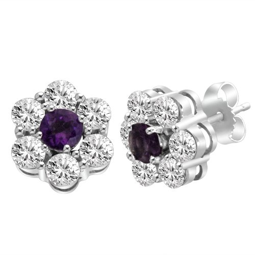 Sterling Silver Round Amethyst and White Topaz Gemstone Flower Cluster Earring Studs (2.00 cttw)