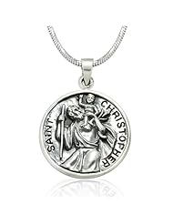 Chuvora .925 Sterling Silver Saint Christopher Medal for Travelers Protection Pendant with Rhodium Plated Chain Necklace w/ Lobster clasp 18"