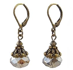Earrings - E429 - Faceted Fire Polished Crystal Glass Hung on Antique Gold Tone Leverbacks ~ Gunmetal