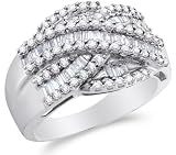 14K White Gold Large Diamond Cross Over Wedding , Anniversary OR Fashion Right Hand Ring Band - w/ Channel Invisible Set Round & Baguette Diamonds - (1.06 cttw)