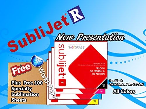 Sawgrass Sublijet-r Sg 7100dn & Sg 3110dn Sublimation Cmyk ( Cyan, Mangenta, Yellow, Black ) Ink Cartridges Plus Specialty 100 Sublimation Sheets