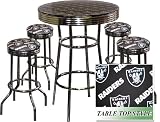 OAKLAND RAIDERS FOOTBALL Glass Top Chrome Bar Pub Table Set With 4 Swivel Bar Stools