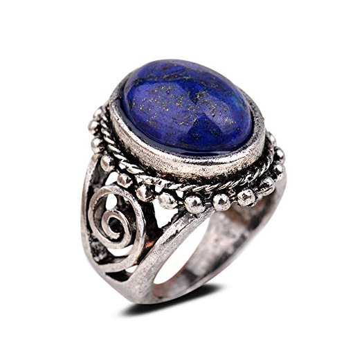 YAZILIND Vintage Antique Oval Cut Blue Lapis Lazuli Retro Silver Plated Ring Women
