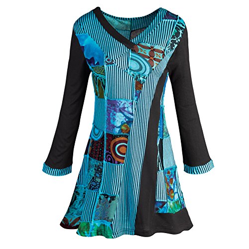 Women's Colorblock Blue And Black Patchwork Artisan V-Neck Tunic Top