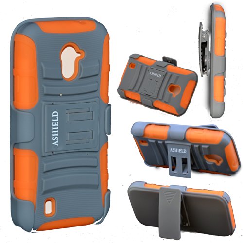 ASHIELD Ultra Shock&Drop-Proof Amy-Grade Protective Hard Rugged Hybrid Slim Defender Case and Holster for For ZTE Majesty Z796 / Source 9511- Extremly Dual layer Case with 360 Degrees Swivel Ring Kickstand and Rugged Holster (Gray / Orange)