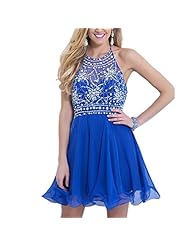 Crystal Sequined Open-Back Beaded Chiffon Halter Cocktail Knee Length Short Homecoming Dress/Prom Dress/Wedding Party Dress 
