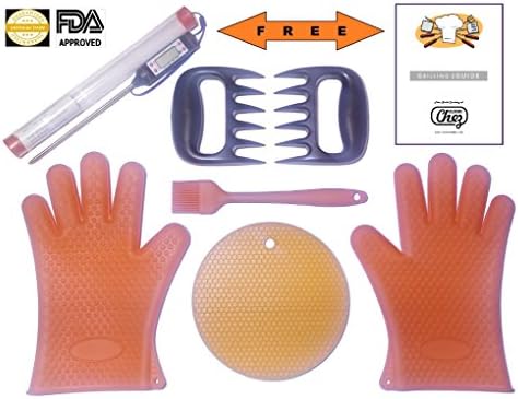 Moms/Dads Day Sale BBQ/Kitchen/Oven/Gift Silicone Gloves Set 6pc+2FREE #1 Heat Resistant Bundle includes Basting Brush/Thick Trivet/Meat Claws +2BONUSES: Thermometer 14.95value+Grilling eGuide(Orange)